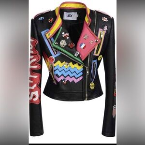 Fashion Women's Punk Floral Embroidered short Faux Leather Jacket Moto PU Coat